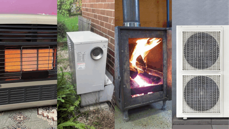 A collage of an LPG heater, Gas heater, Wood Fire heater and an outdoor unit of an energy efficient Air Conditioner from left to right respectively.